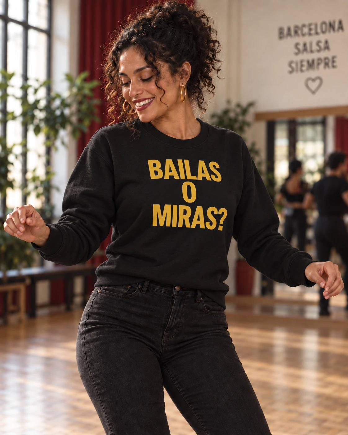 Bailas o miras? — AI-generated concept mockup; fictional adult model or product render.